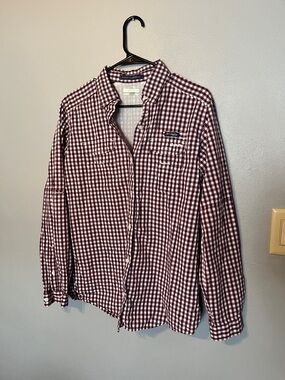 Columbia Men’s Maroon and White Check Button-Down Shirt